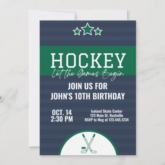 Eishockey Geburtstag Blue Green Strip Einladung (Vorderseite)