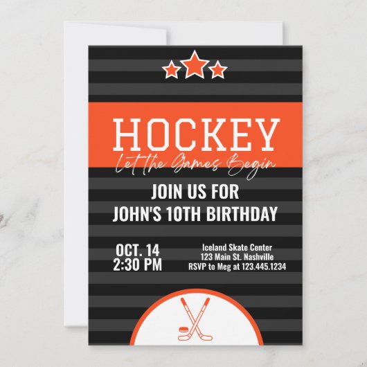 Eishockey Geburtstag Orange Black Strip Einladung (Vorderseite)
