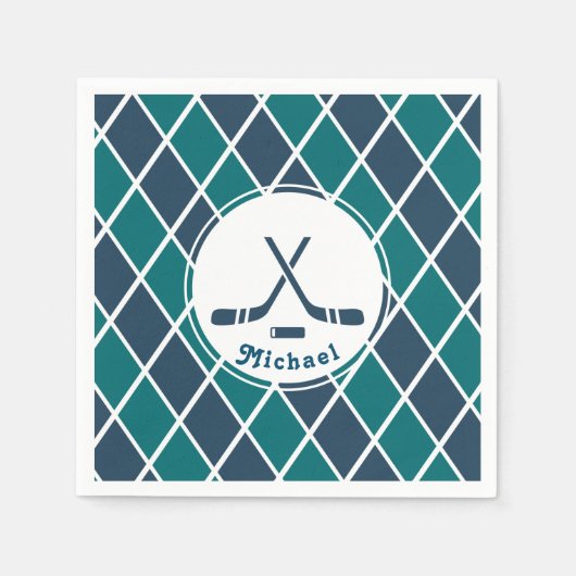 Eishockey Pucks Personalisiert gestreift blau & gr Serviette (Vorderseite)
