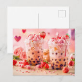 Eiskaffee mit Erdbeeren und Erdbeereis Feiertagspostkarte (Vorne/Hinten)