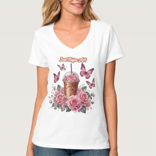 Eiskaffee mit rosa Rosen T - Shirt (Vorderseite)