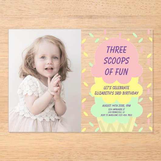 Eiskrem 3. Geburtstag Acryleinladungen (Vorderseite)