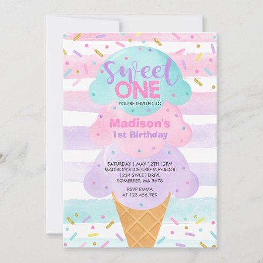 Eiskrem Einladung Süße 1. Geburtstag (Vorderseite)