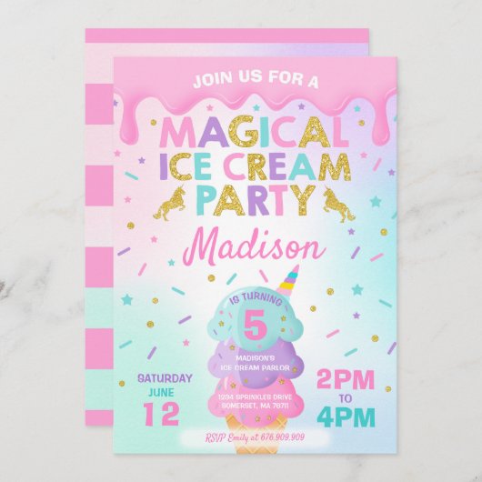 Eiskrem Einladung Unicorn Ice Cream Party (Vorne/Hinten)