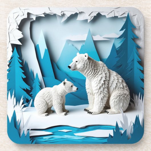 Eislandschaft mit Papercraft-Eisbären in einem bla Getränkeuntersetzer (Vorderseite)
