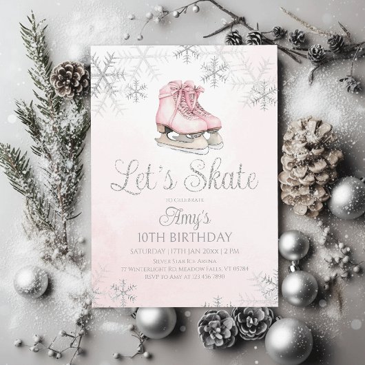 Eislauf-Winter-Geburtstagsfeier Silber-Glitter Einladung