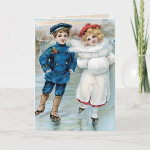 Eislaufen von Kindern im Vintage-Stil Feiertagskarte
