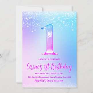 Eisnummer weißer Glitter Mädchen Erster Geburtstag Einladung