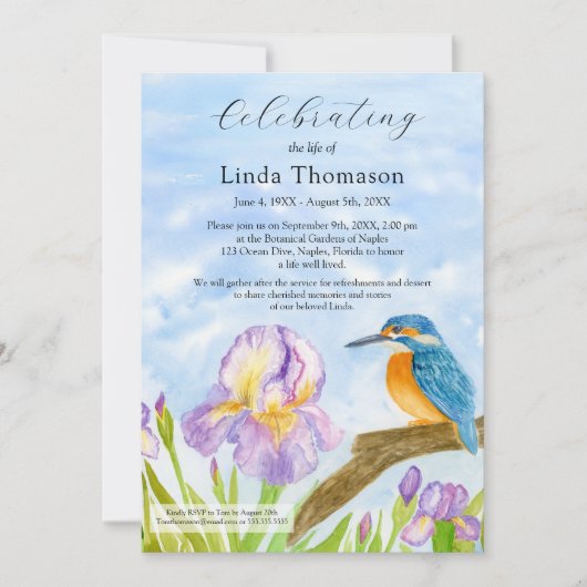 Eisvogel Lila Schwertlilien Feier des Lebens Einladung (Vorderseite)