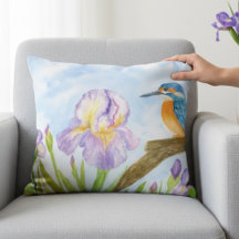 Eisvogel mit lila Schwertlilien im Wasserfarbensti
