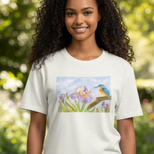 Eisvogel mit lila Schwertlilien im Wasserfarbensti T-Shirt