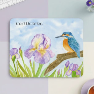 Eisvogel mit violetten Schwertlilien in Aquarell Mousepad