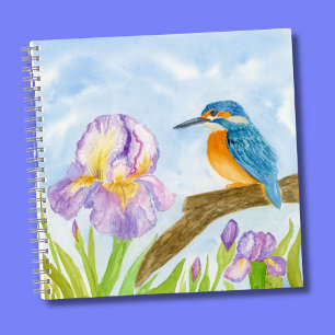 Eisvogel mit violetten Schwertlilien in Aquarell  Notizblock