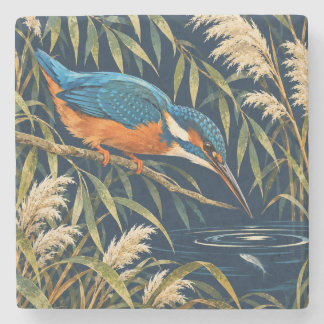 Eisvogel & Schilf Blau Orange Fischer Vogel Steinuntersetzer