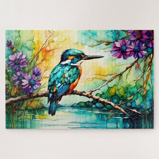 Eisvogel über dem Wasser thronend Wilde Blumen Puzzle (Horizontal)
