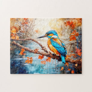 Eisvogel über Teich im malerischen Stil Puzzle