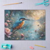 Eisvogel über Wasser mit rosa Blumen sitzend Seidenpapier (Basteln)