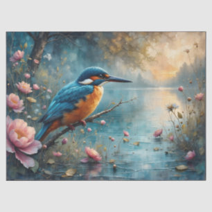 Eisvogel über Wasser mit rosa Blumen sitzend Seidenpapier