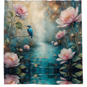 Eisvogel über Wasser sitzend Rosa Rosen Duschvorhang