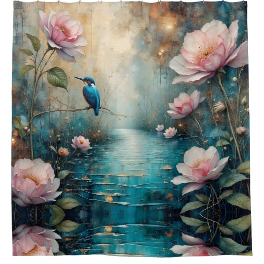 Eisvogel über Wasser sitzend Rosa Rosen Duschvorhang (Vorderseite)