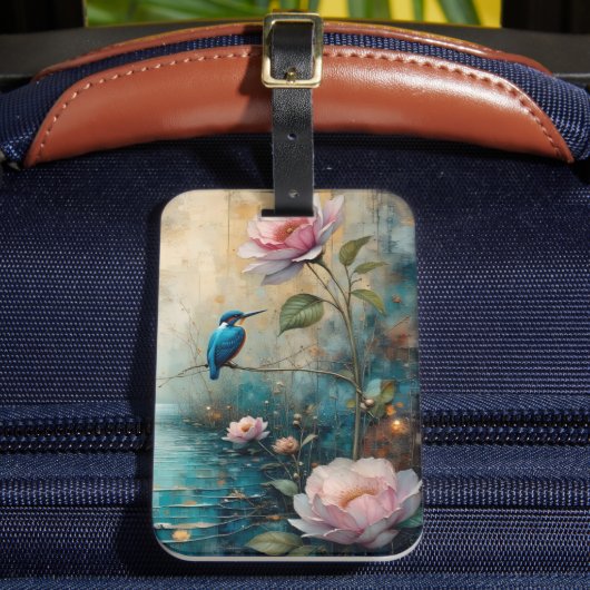 Eisvogel und rosa Rosen Gepäckanhänger (Vorderseite Insitu 2)
