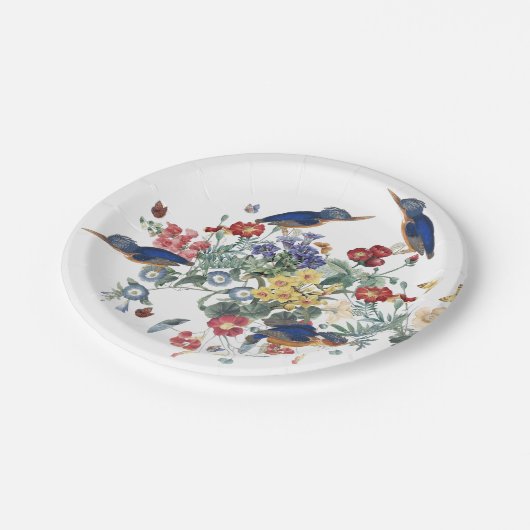 Eisvogel-Vogel-Blumen-Schmetterlings-Papierplatte Pappteller (Schrägansicht)