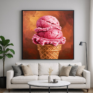 Eiswaffel mit Erdbeereis - Malerischer Stil Kunst Poster