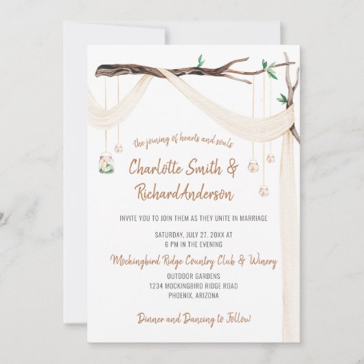 Eklectisches Drape, Mason Jar Leuchten, Bogenhochz Einladung (Vorderseite)