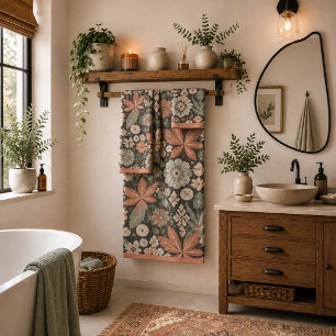 Eklektisches Boho-Terrakotta-Kohle-Botanisches Flo Badhandtuch Set