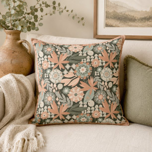 Eklektisches Boho-Terrakotta-Kohle-Botanisches Flo Kissen