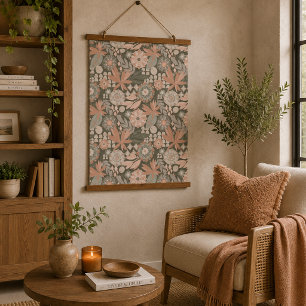 Eklektisches Boho-Terrakotta-Kohle-Botanisches Flo Wandteppich Mit Holzrahmen