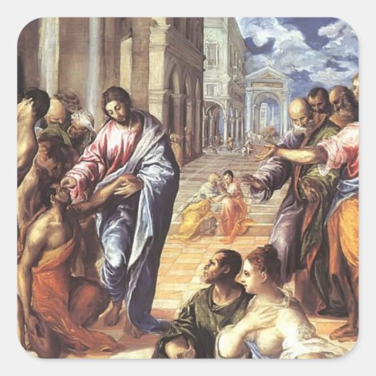 El Greco - Christus heilt das blinde Quadratischer Aufkleber (Vorderseite)