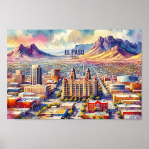 El Paso Texas Berühmter Ort für Reisen Aquarell Poster