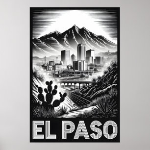 El Paso Texas Skyline Schwarz Weiß Holzschnitt Poster