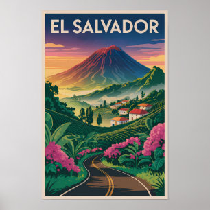 El Salvador Vulkan Illustration Reise Kunst Vintag Poster