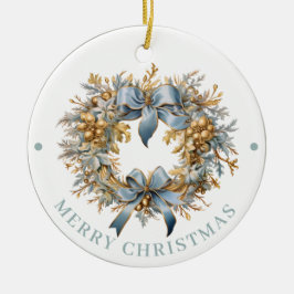 Elaborate Blue and Gold Wreath Merry Christmas  Keramik Ornament