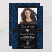 Elaborate Blue Black Damask Abschluss Einladung (Vorne/Hinten)