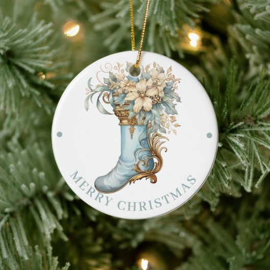Elaborate Blue Victorian Stocking Merry Christmas Keramik Ornament (Baum)