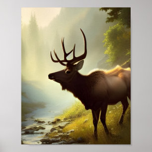 Elch an einem Waldstrom - Digital Art Druck Poster