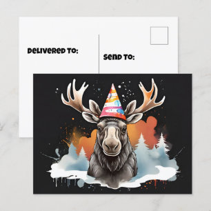 Elch aus Alaska mit konischem Geburtstagshut Postkarte