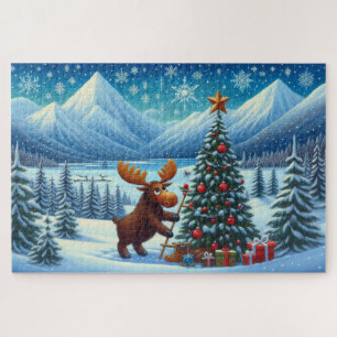 Elch, der einen Weihnachtsbaum in den Bergen schmü Puzzle