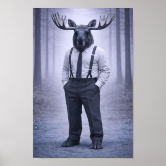 Elch in klassischen Hosenträgern – Stilles Waldpor Poster