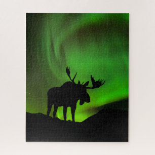 Elch mit grüner Aurora Borealis, Alaska Puzzle