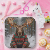 Elch mit hässlichem Weihnachtspullover Pappteller (Party)