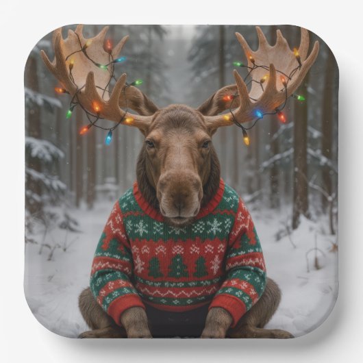 Elch mit hässlichem Weihnachtspullover Pappteller (Vorderseite)