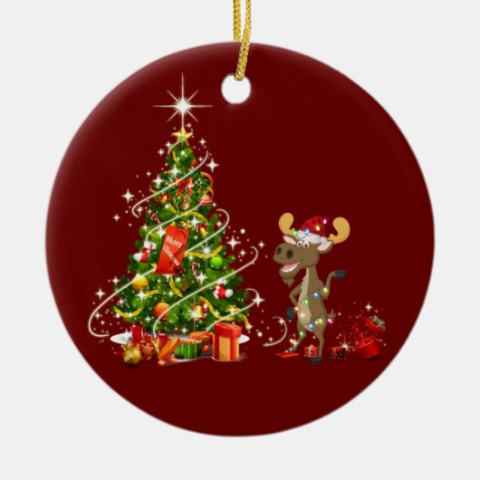 Elch mit Hut LIGHTS Weihnachten Keramik Ornament (Vorne)