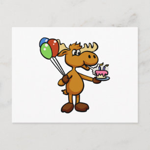 Elch mit Luftballon und Kuchen   Rückseitenfarbe w Postkarte