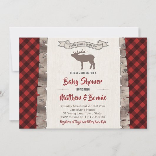 Elch oder Elk Wilderness Kariert Babydusche Einladung (Vorderseite)