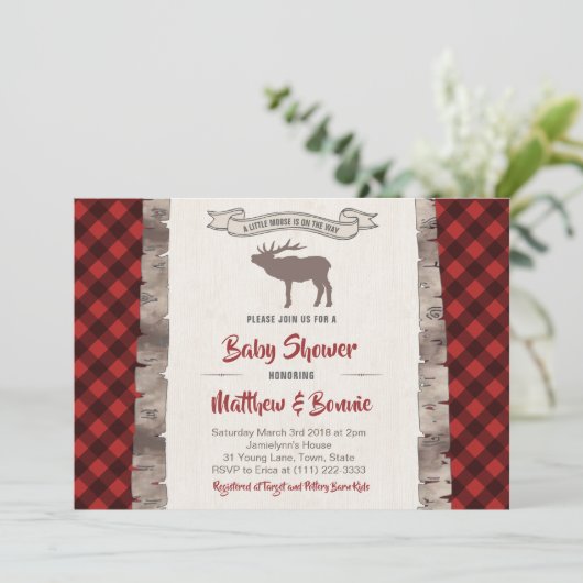 Elch oder Elk Wilderness Kariert Babydusche Einladung (Stehend Vorderseite)
