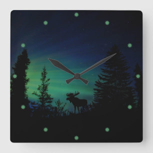 Elch-Silhouette im Twilght Quadratische Wanduhr